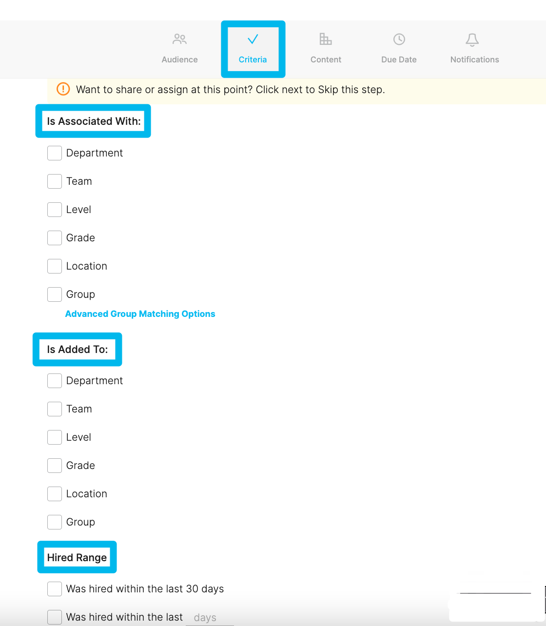 Criteria options