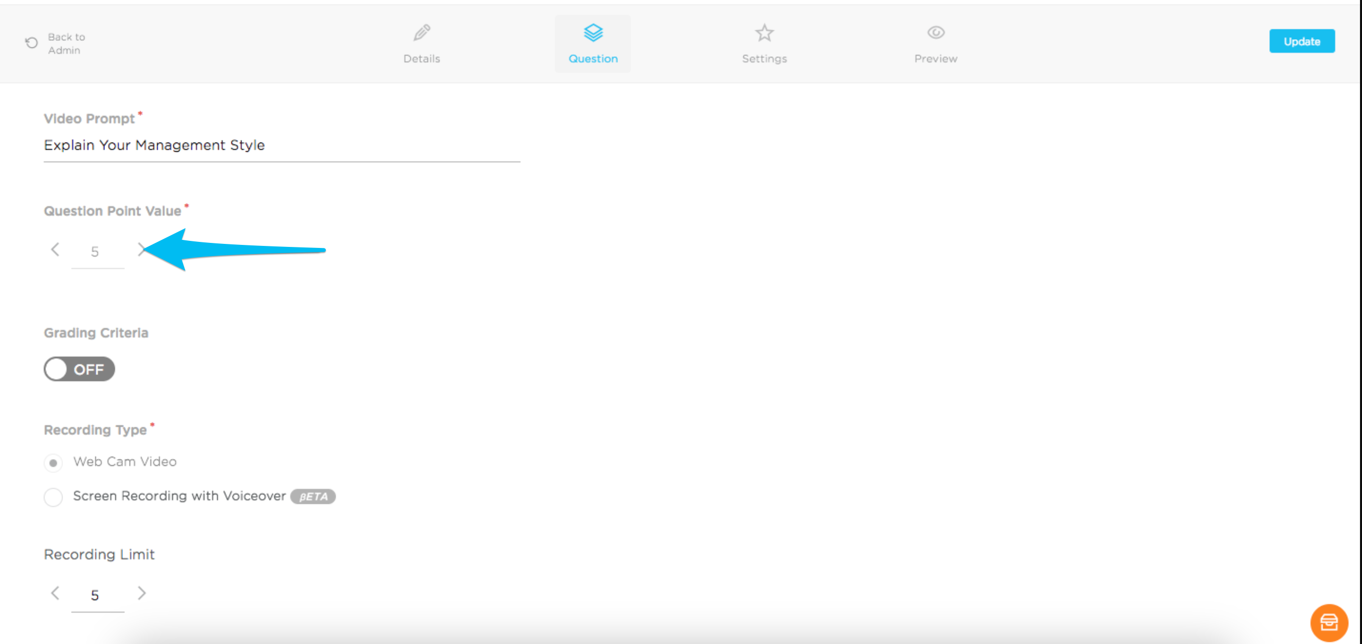 Question Point Value option for video assessment grading