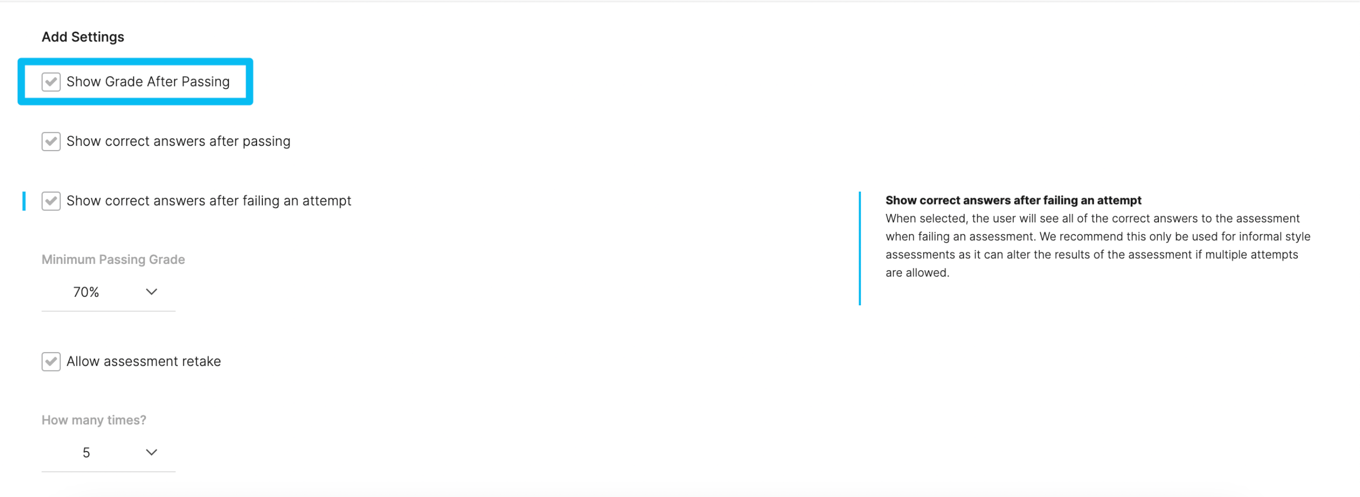 Show Grade After Passing in the settings panel