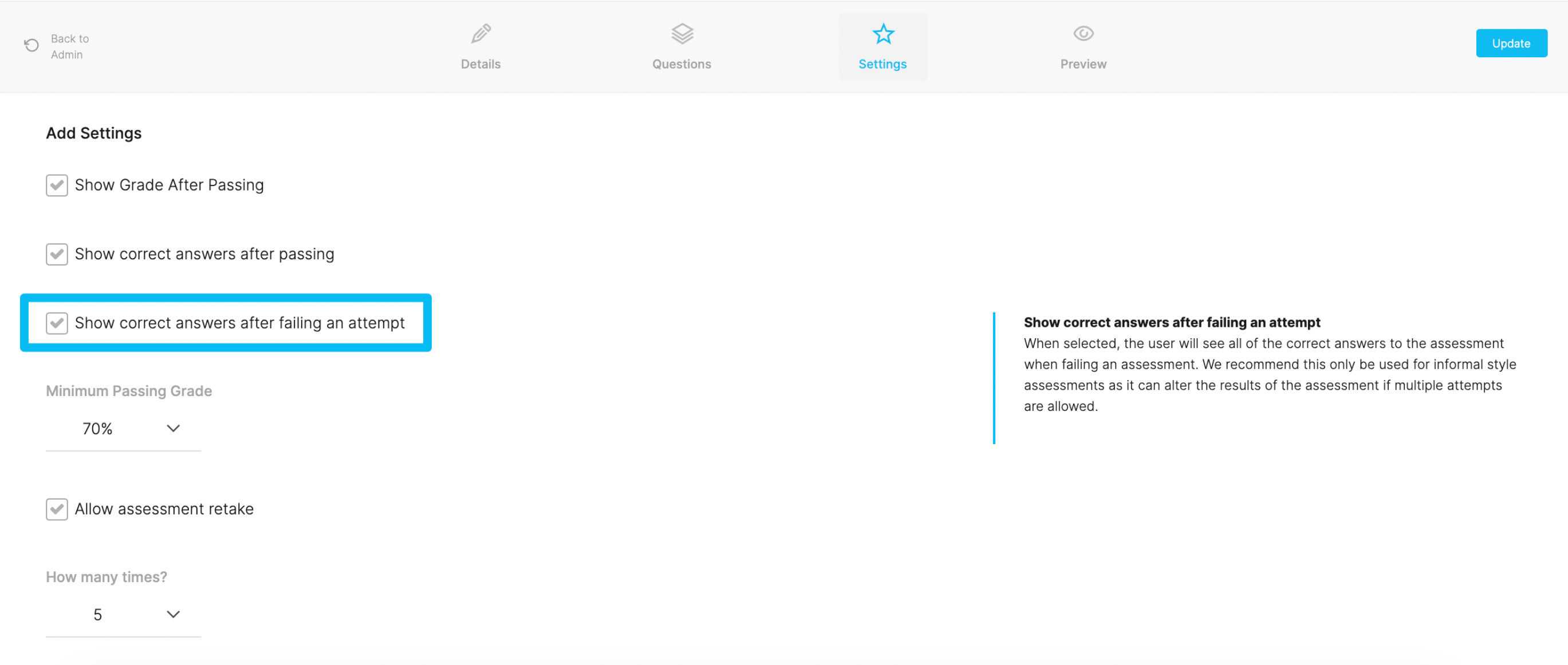 Show Correct Answers After Failing in the settings panel