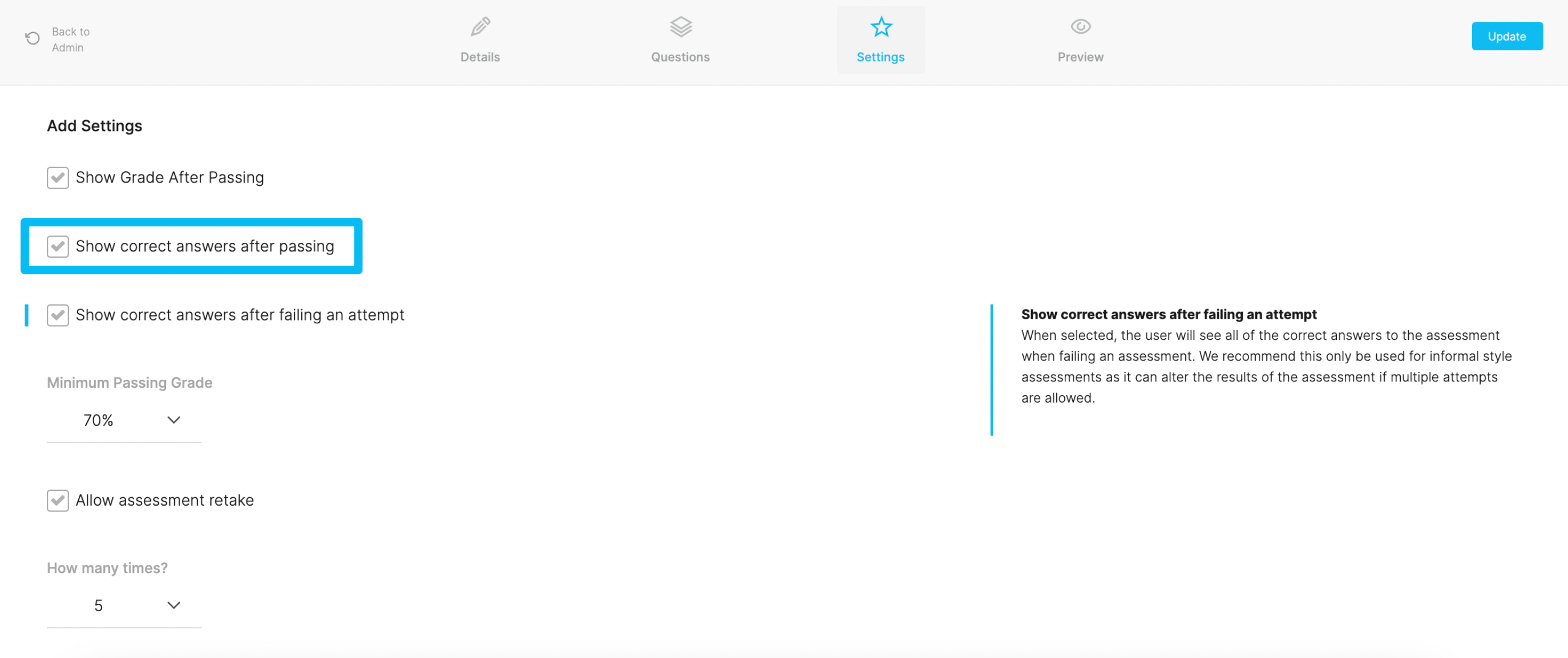 Show Correct Answers After Passing in the settings panel
