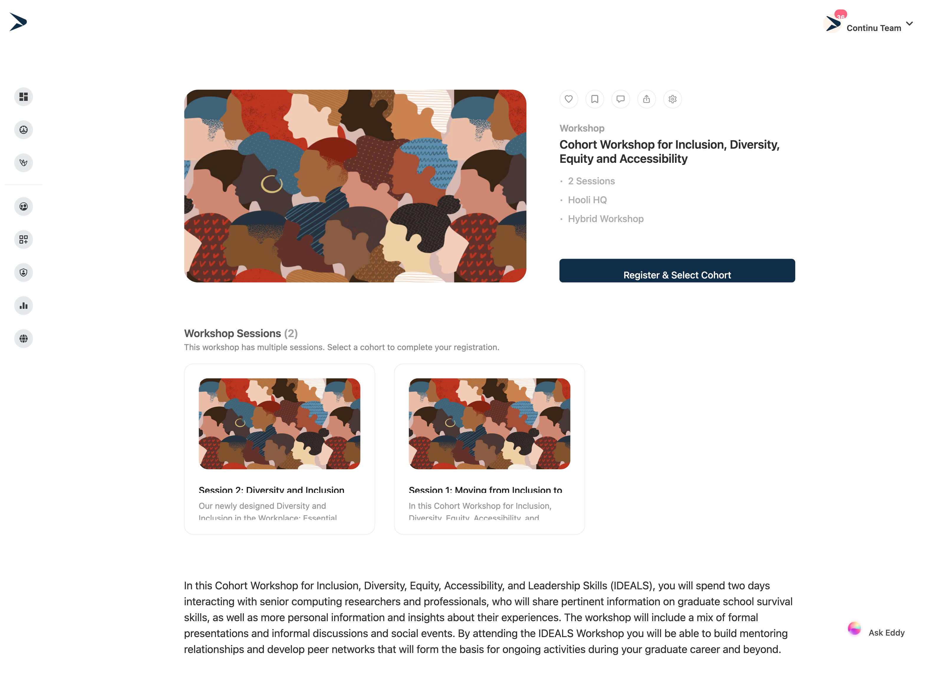Cohort workshop learner view with Register and Select Cohort button
