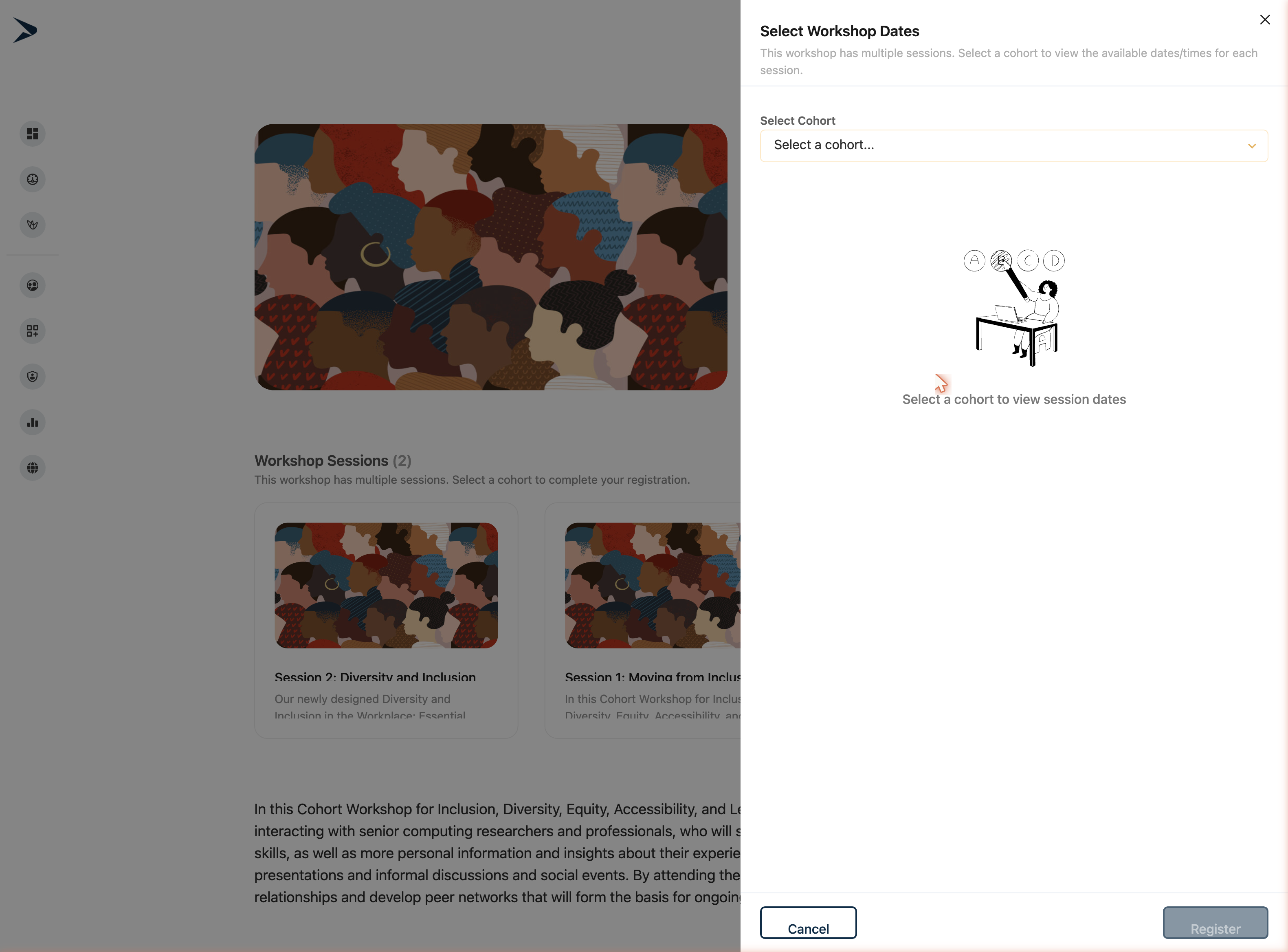 Select Workshop Dates side panel with Select Cohort dropdown