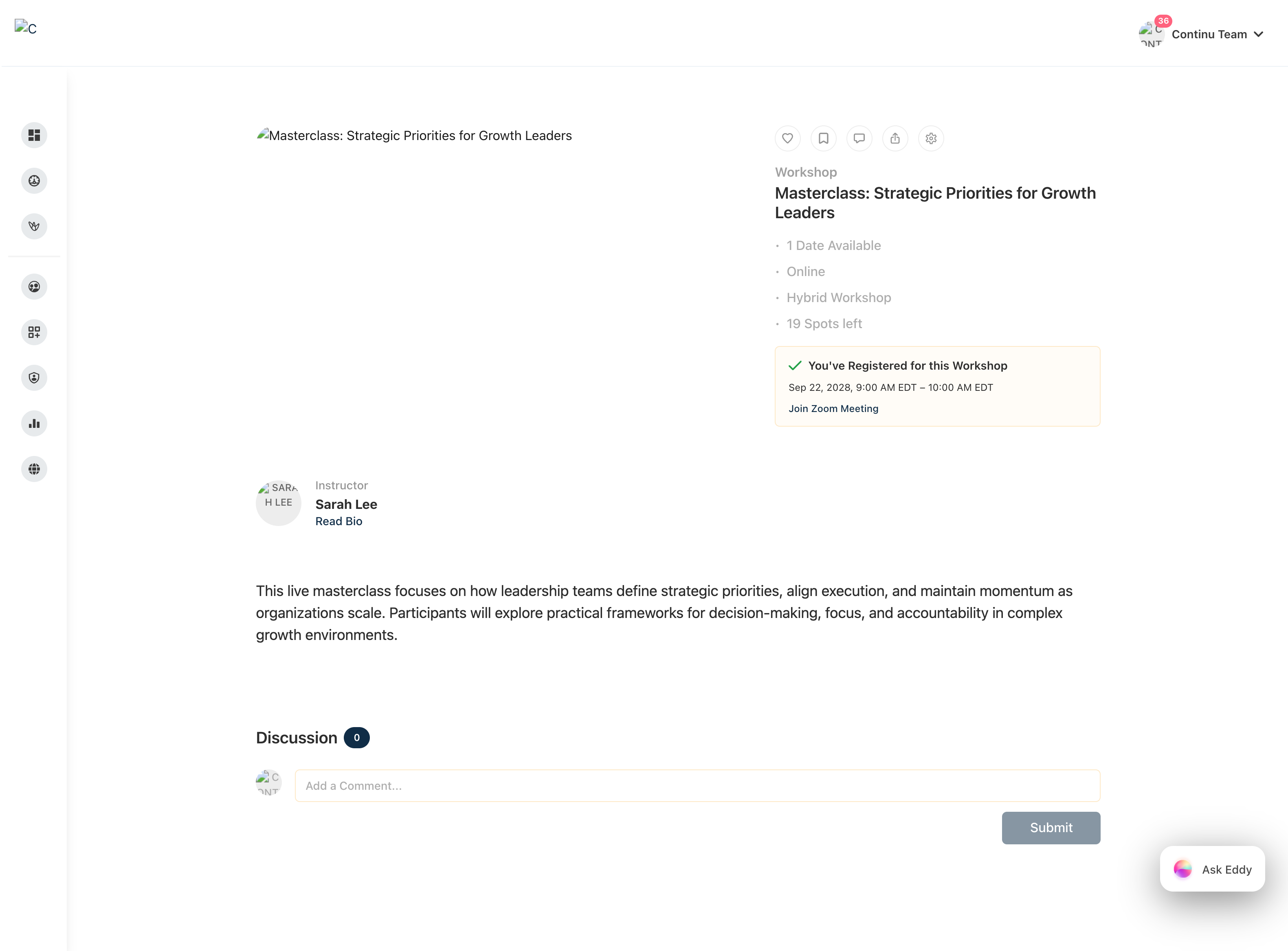 Single-Session workshop learner view