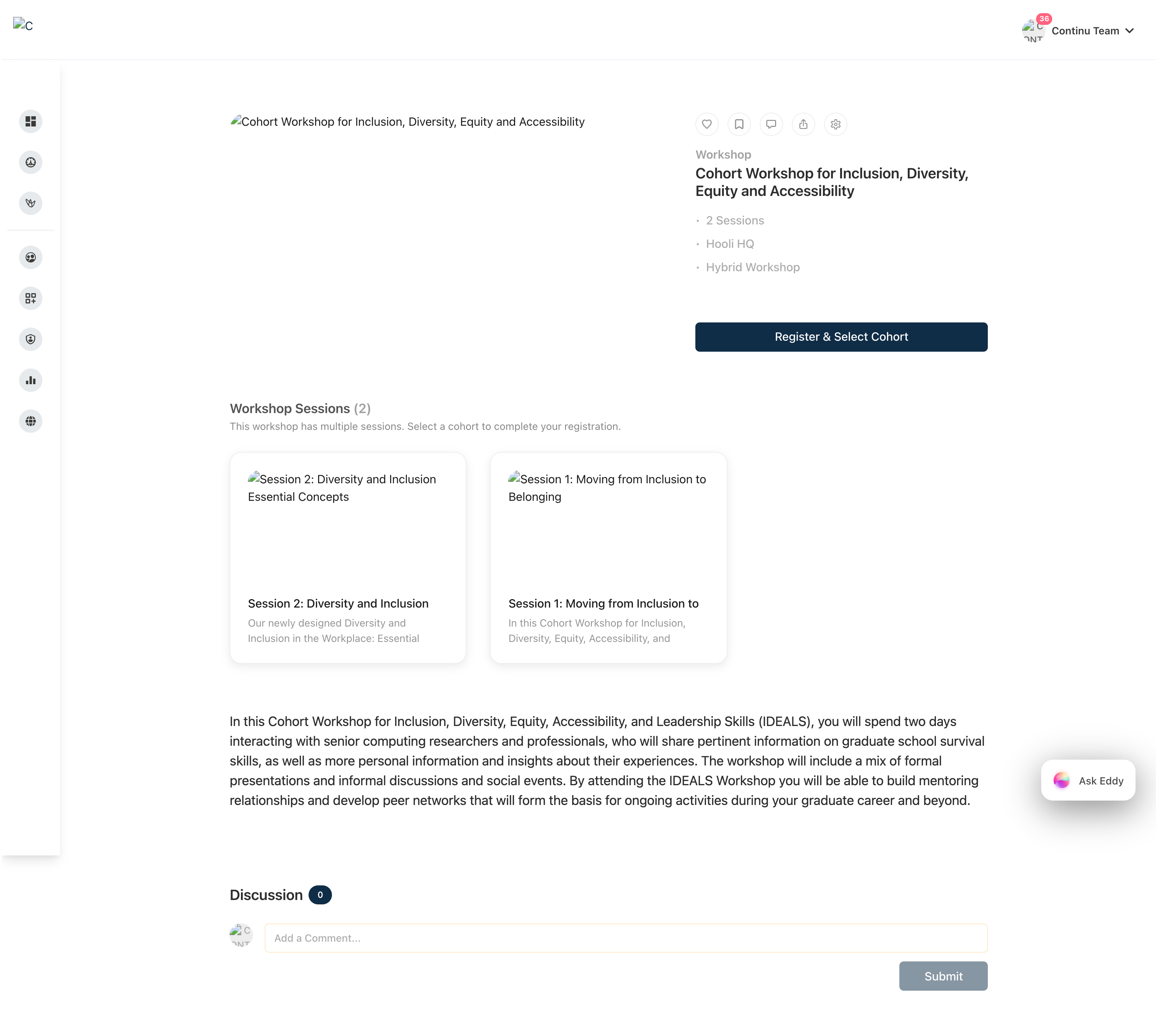 Cohort workshop learner view with Register and Select Cohort button