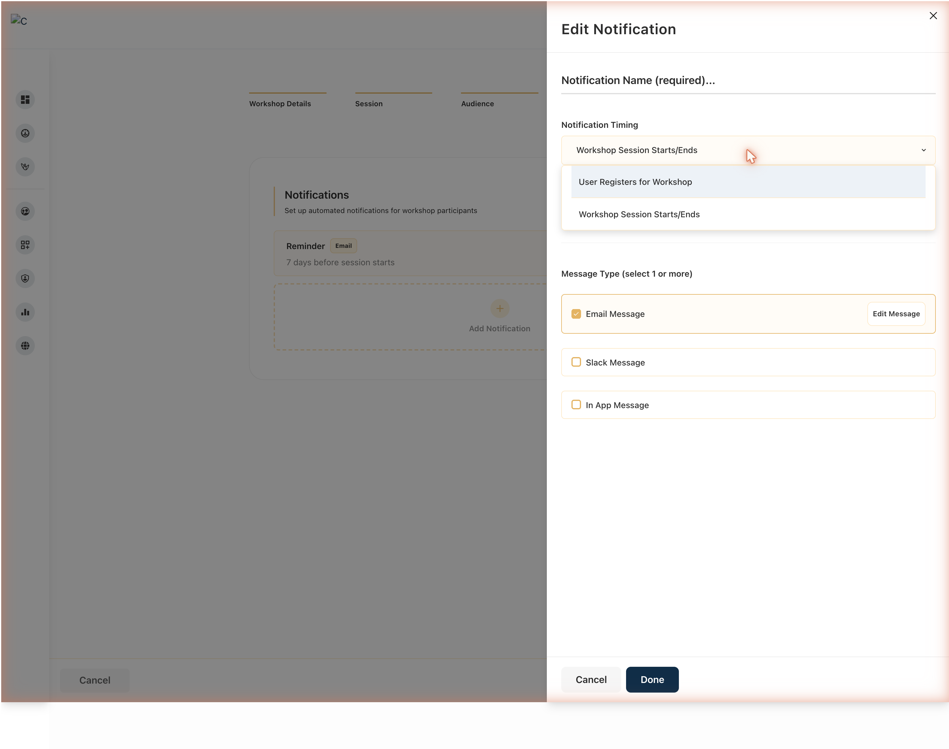 New Notification side panel with timing dropdown