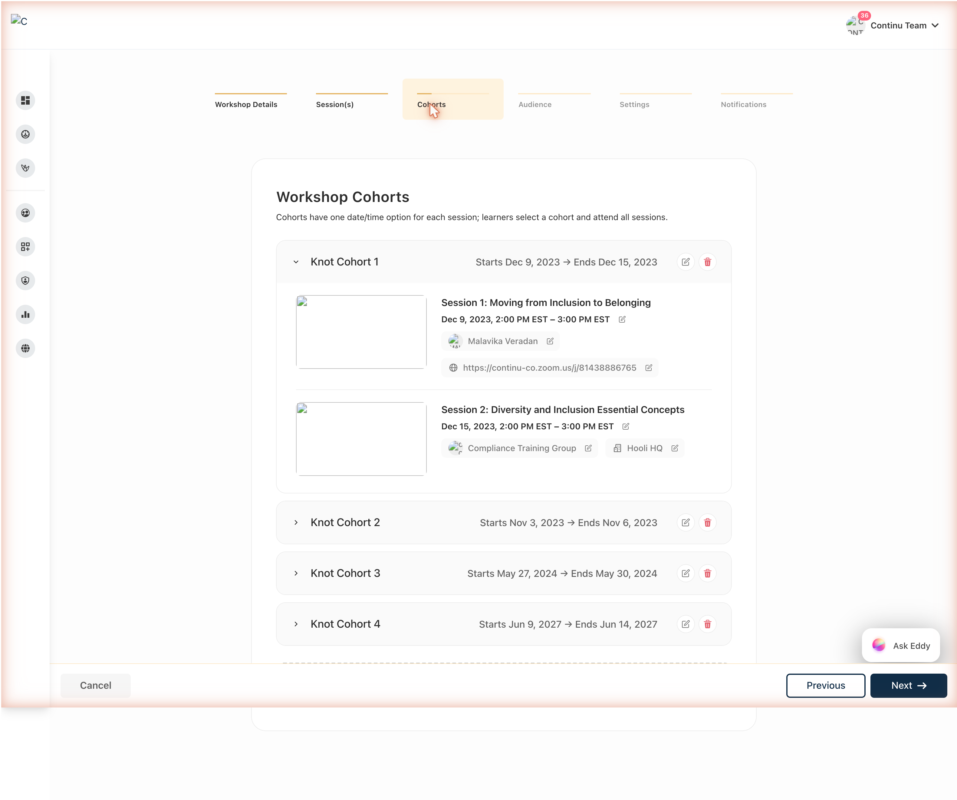 Edit view of Cohort workshop showing the Cohorts step with cohort cards
